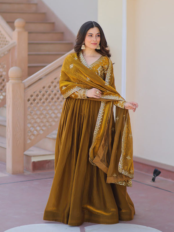 Mehndi Green Fendy Gown With Sequins-Multi Embroidered Work