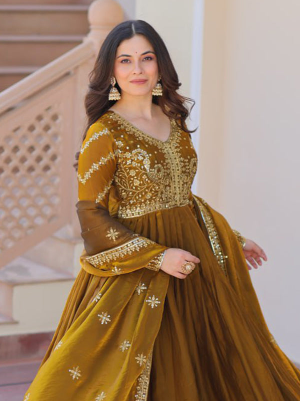 Mehndi Green Fendy Gown With Sequins-Multi Embroidered Work