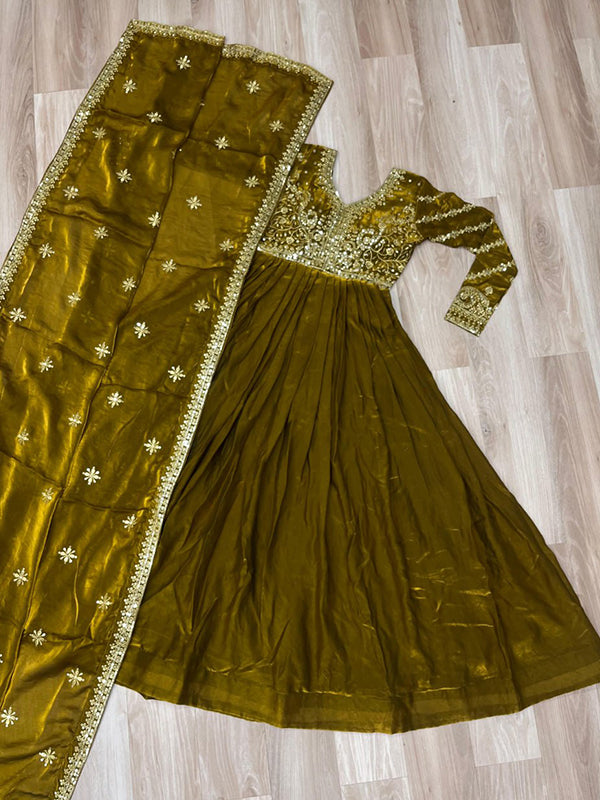 Mehndi Green Fendy Gown With Sequins-Multi Embroidered Work