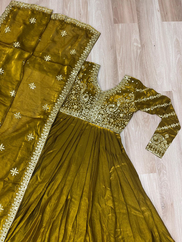 Mehndi Green Fendy Gown With Sequins-Multi Embroidered Work