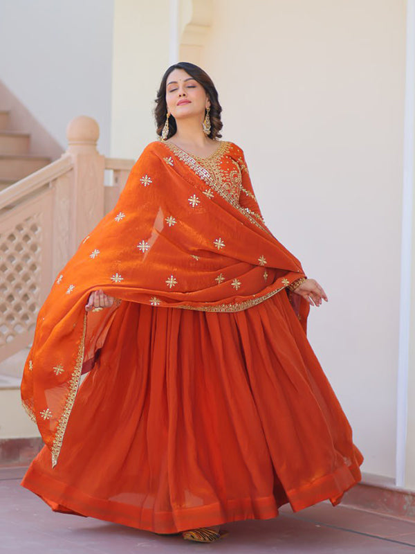 Orange Fendy Gown With Sequins-Multi Embroidered Work