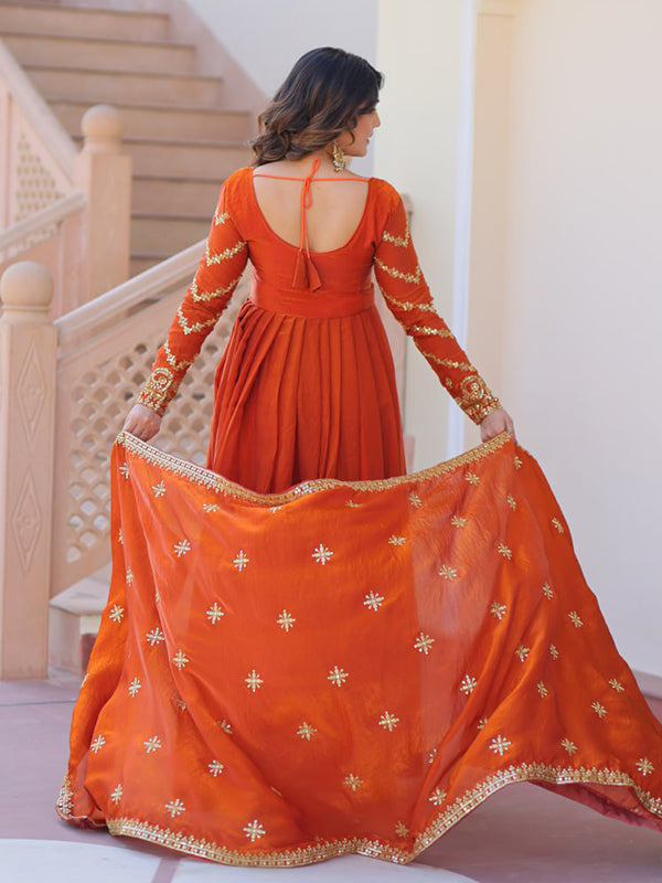 Orange Fendy Gown With Sequins-Multi Embroidered Work