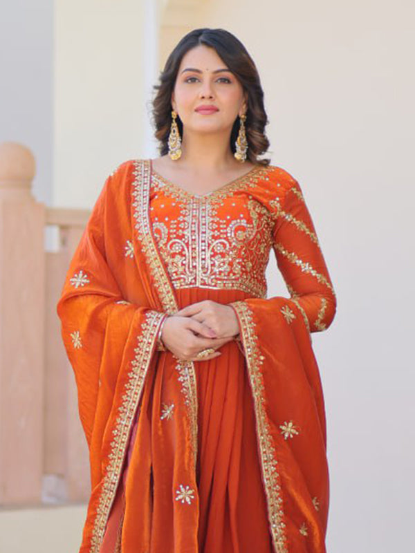 Orange Fendy Gown With Sequins-Multi Embroidered Work