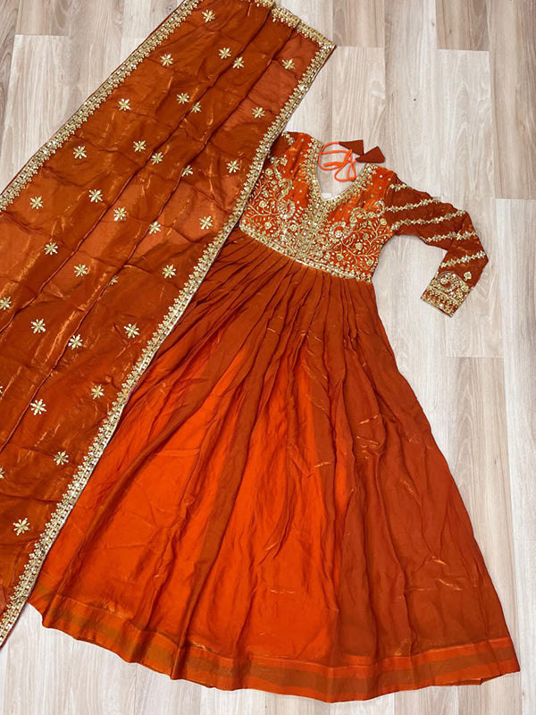 Orange Fendy Gown With Sequins-Multi Embroidered Work