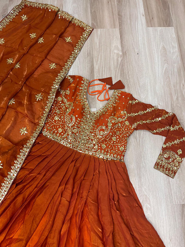 Orange Fendy Gown With Sequins-Multi Embroidered Work