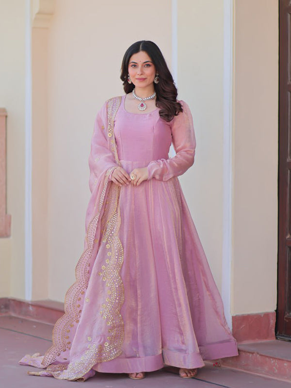 Light Pink Chiffon Gown With Sequins Embroidered Work Dupatta