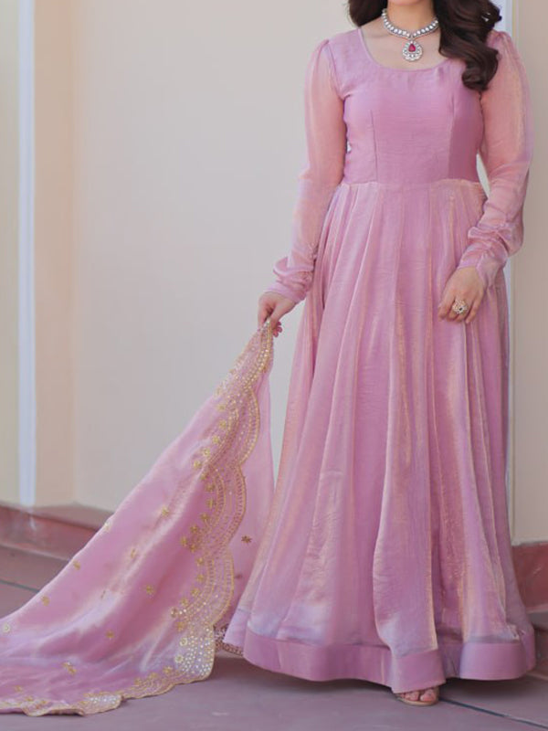 Light Pink Chiffon Gown With Sequins Embroidered Work Dupatta