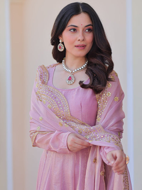 Light Pink Chiffon Gown With Sequins Embroidered Work Dupatta