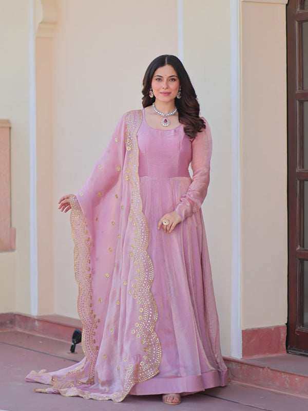 Light Pink Chiffon Gown With Sequins Embroidered Work Dupatta
