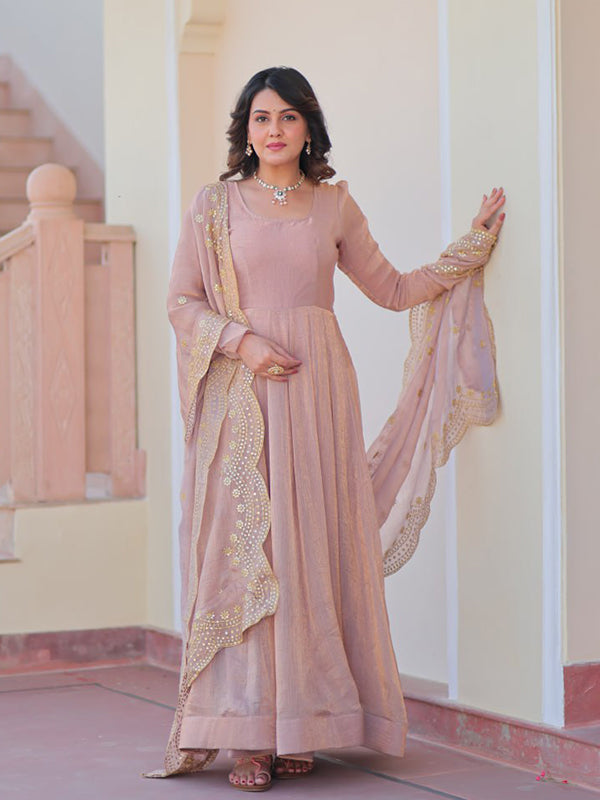 Peach Chiffon Gown With Sequins Embroidered Work Dupatta