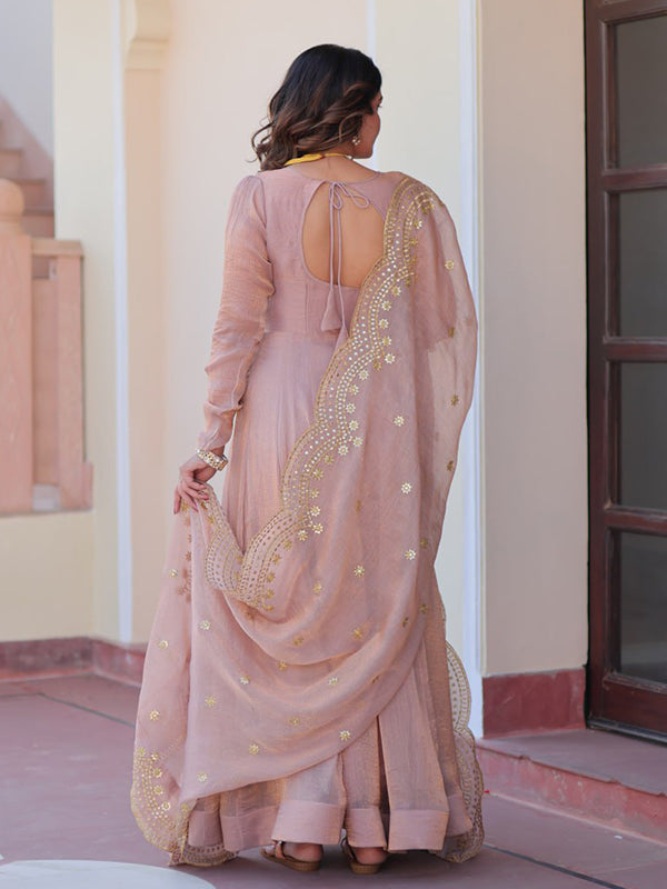 Peach Chiffon Gown With Sequins Embroidered Work Dupatta