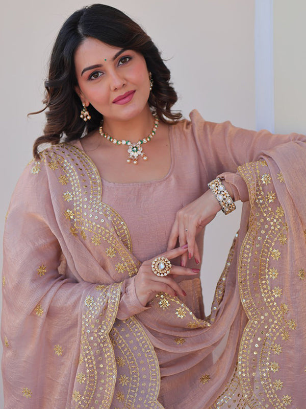 Peach Chiffon Gown With Sequins Embroidered Work Dupatta