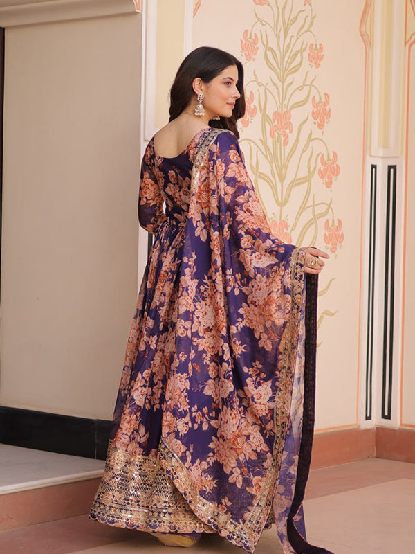 Purple Russian Silk Embroidered Sequins Work Gown With Dupatta