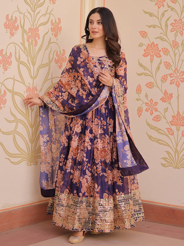 Purple Russian Silk Embroidered Sequins Work Gown With Dupatta