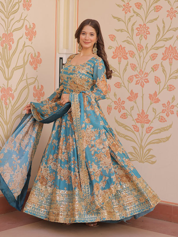 Sky Russian Silk Embroidered Sequins Work Gown With Dupatta