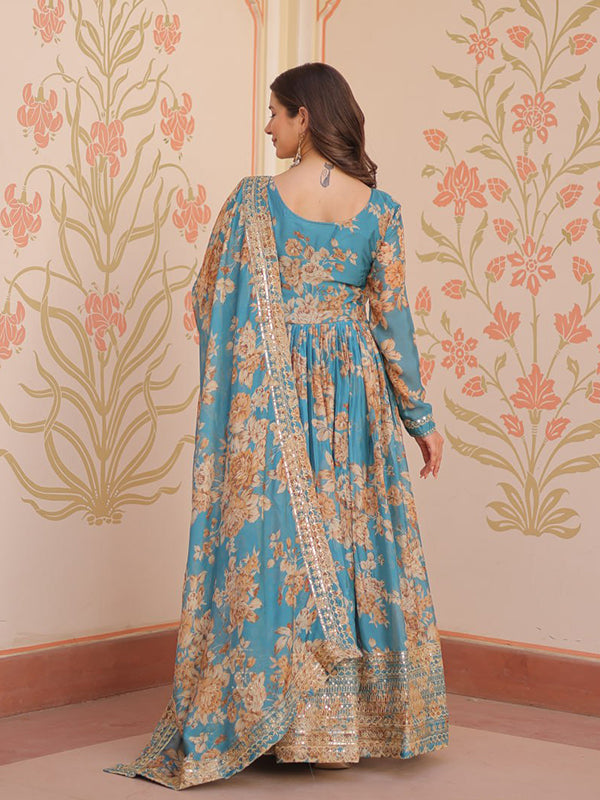 Sky Russian Silk Embroidered Sequins Work Gown With Dupatta