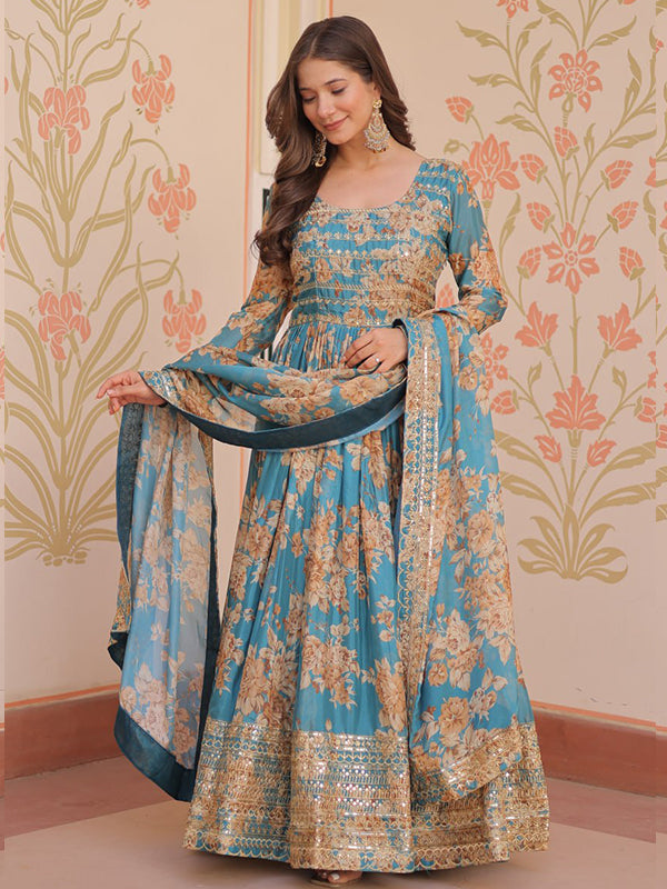 Sky Russian Silk Embroidered Sequins Work Gown With Dupatta