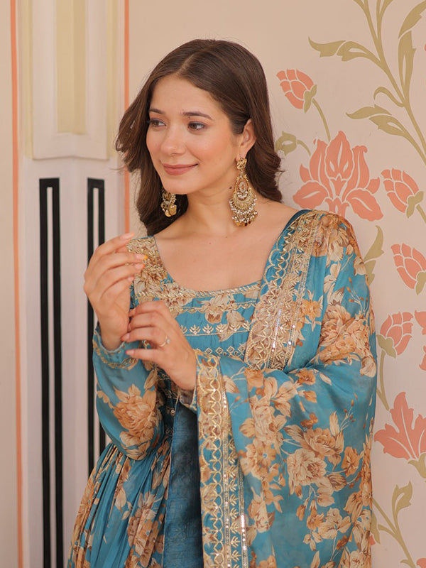 Sky Russian Silk Embroidered Sequins Work Gown With Dupatta