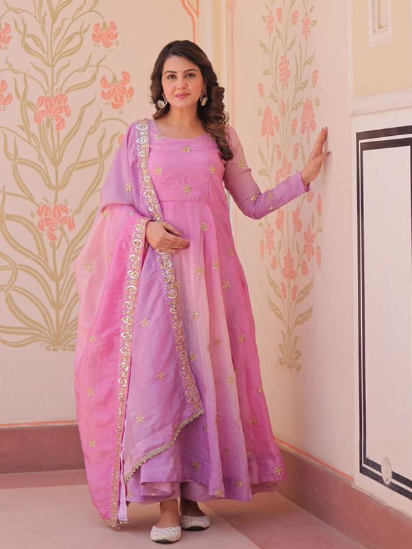 Pink Sequins Embroidered Work Gown With Organza Dupatta