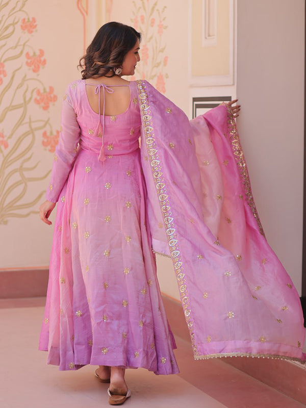 Pink Sequins Embroidered Work Gown With Organza Dupatta