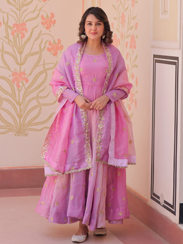 Pink Sequins Embroidered Work Gown With Organza Dupatta