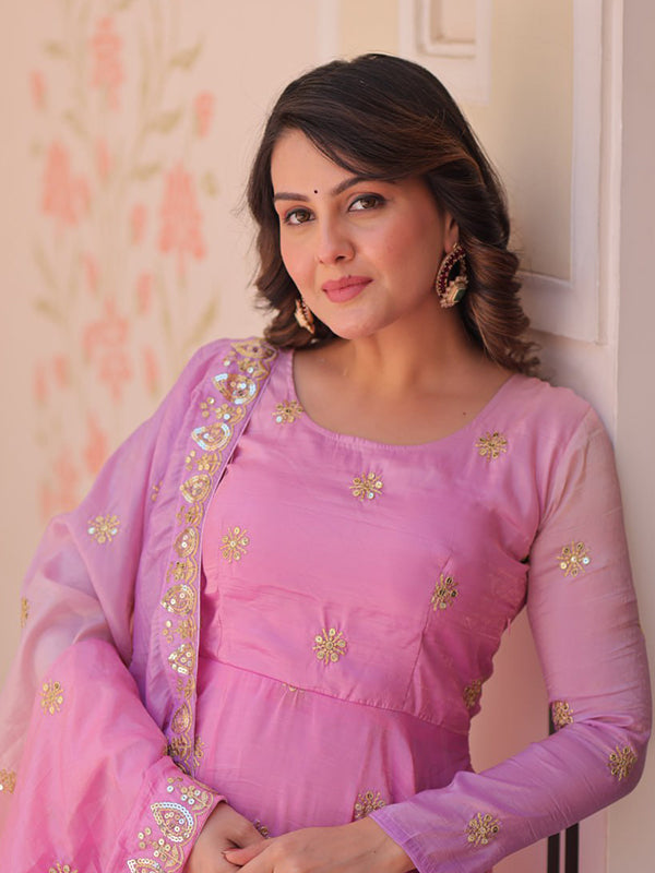 Pink Sequins Embroidered Work Gown With Organza Dupatta