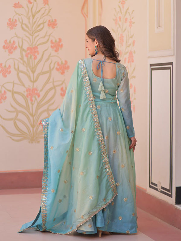 Sky Sequins Embroidered Work Gown With Organza Dupatta