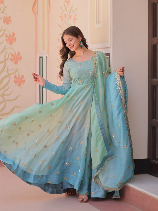 Sky Sequins Embroidered Work Gown With Organza Dupatta