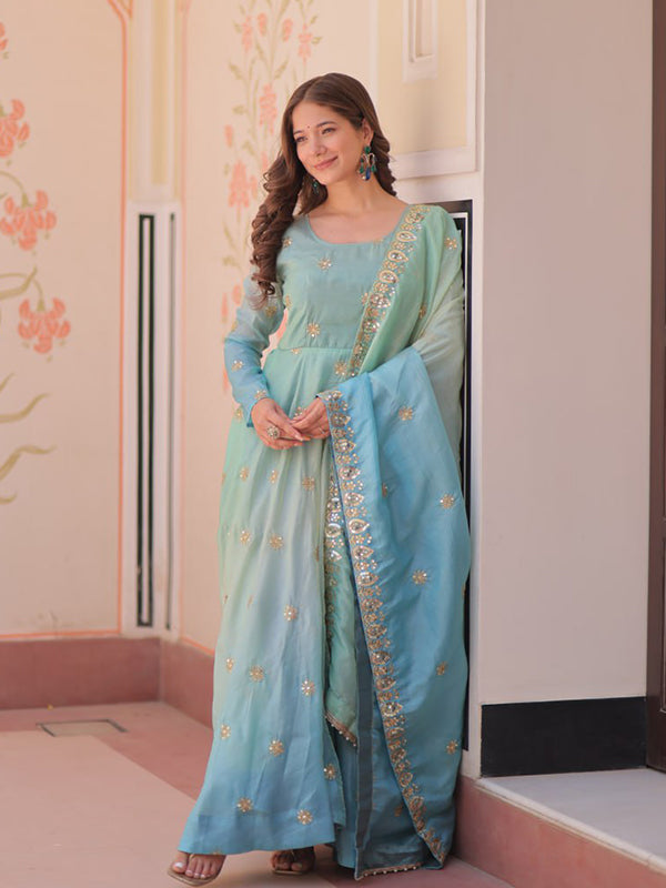 Sky Sequins Embroidered Work Gown With Organza Dupatta