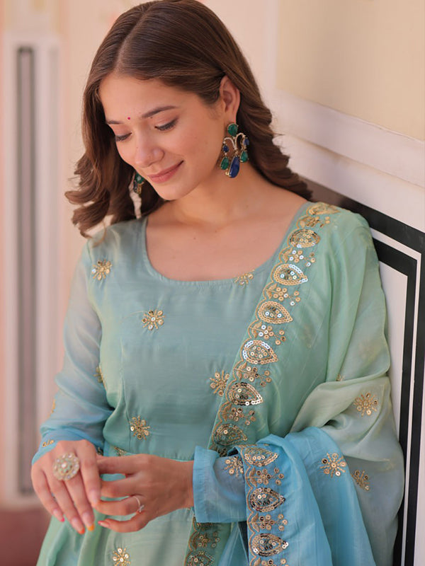 Sky Sequins Embroidered Work Gown With Organza Dupatta
