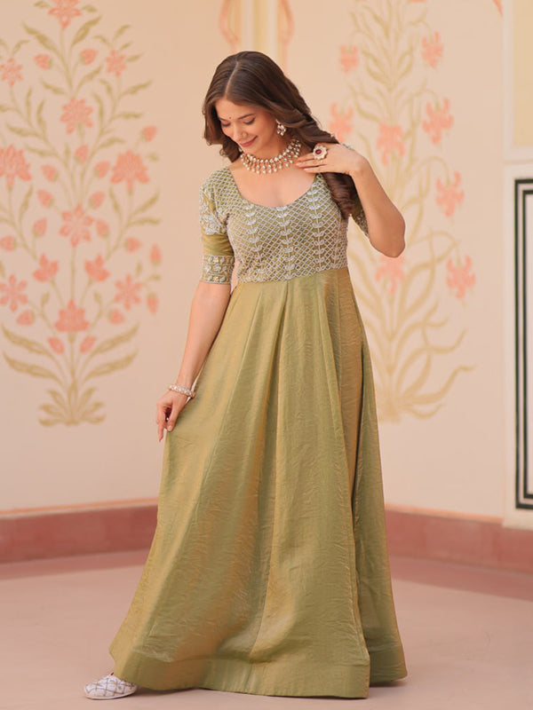Mehndi Green Fendy Gown With Beads Embroidered Work