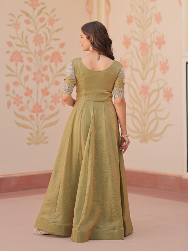 Mehndi Green Fendy Gown With Beads Embroidered Work