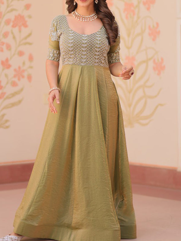 Mehndi Green Fendy Gown With Beads Embroidered Work