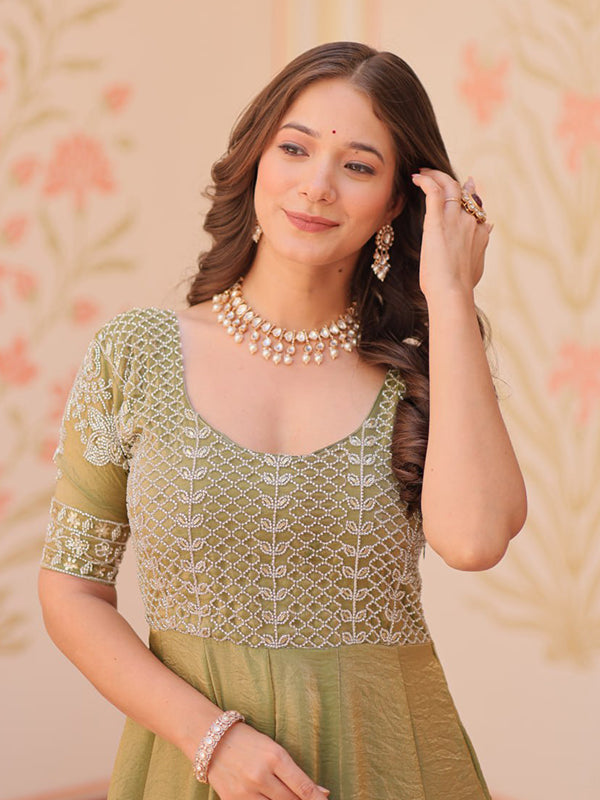 Mehndi Green Fendy Gown With Beads Embroidered Work