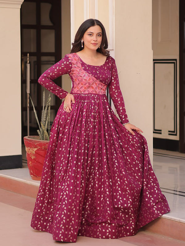 Wine Weaving Position Print Jacquard Gown