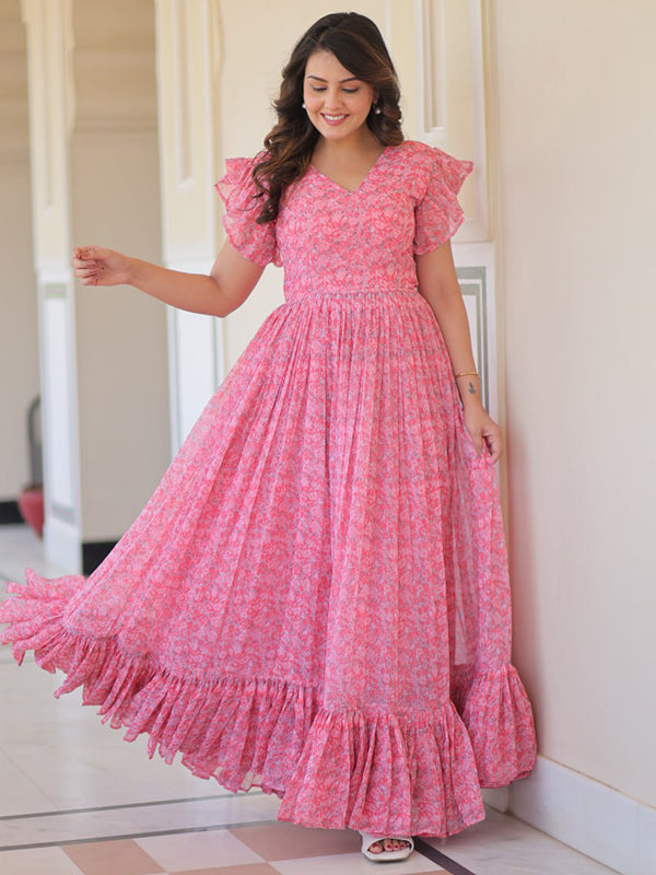 Pink Floral Printed Faux Georgette Gown