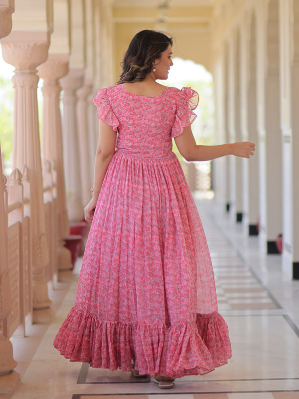 Pink Floral Printed Faux Georgette Gown
