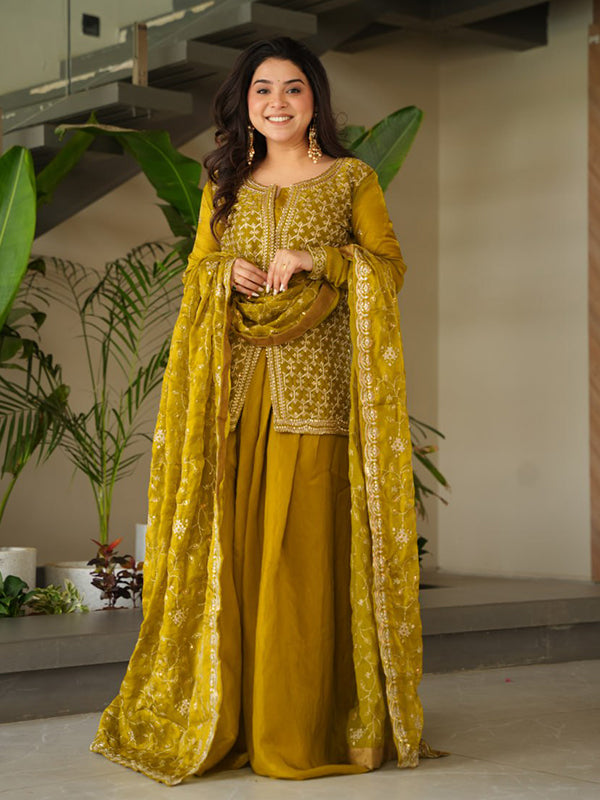 Mehndi Green Rich Beads Embroidered Work Sharara Suit With Dupatta