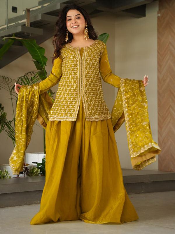 Mehndi Green Rich Beads Embroidered Work Sharara Suit With Dupatta