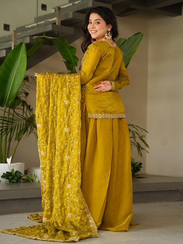 Mehndi Green Rich Beads Embroidered Work Sharara Suit With Dupatta