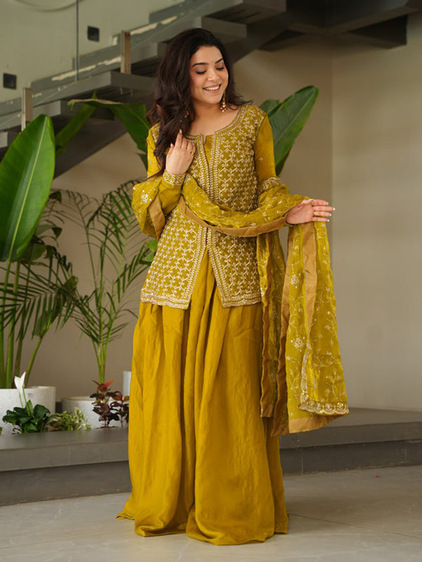 Mehndi Green Rich Beads Embroidered Work Sharara Suit With Dupatta