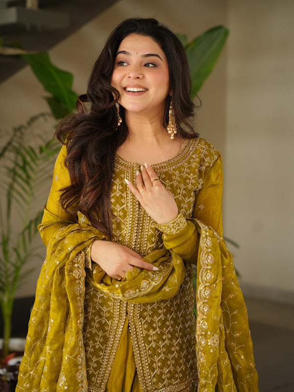 Mehndi Green Rich Beads Embroidered Work Sharara Suit With Dupatta
