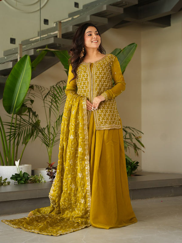 Mehndi Green Rich Beads Embroidered Work Sharara Suit With Dupatta
