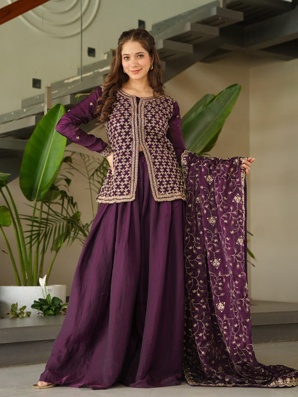 Wine Rich Beads Embroidered Work Sharara Suit With Dupatta