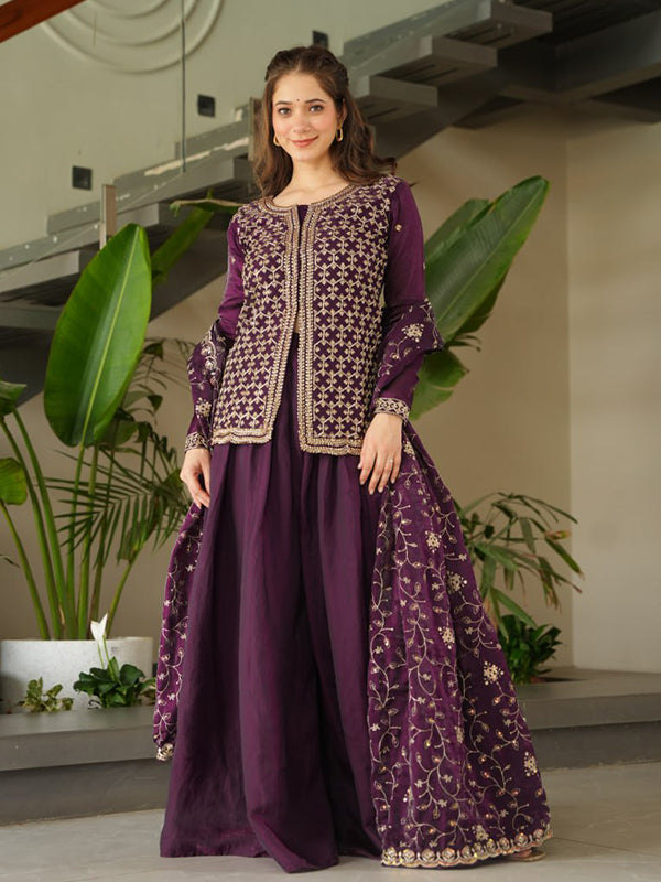 Wine Rich Beads Embroidered Work Sharara Suit With Dupatta