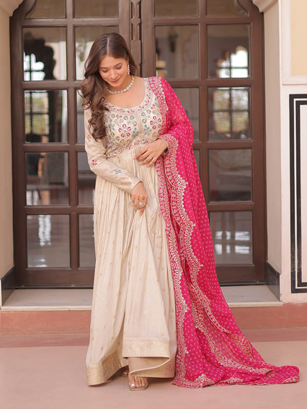 Off White Cosmos Weaving Jacquard Gown With Pink Dupatta