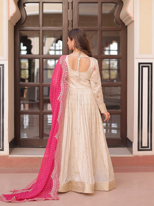 Off White Cosmos Weaving Jacquard Gown With Pink Dupatta