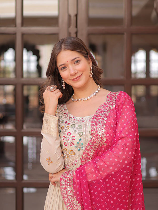 Off White Cosmos Weaving Jacquard Gown With Pink Dupatta
