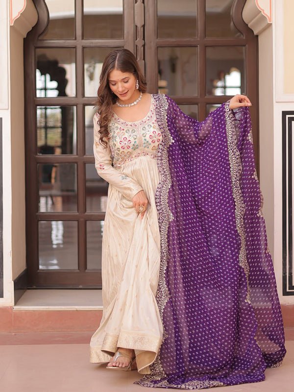 Off White Cosmos Weaving Jacquard Gown With Purple Dupatta