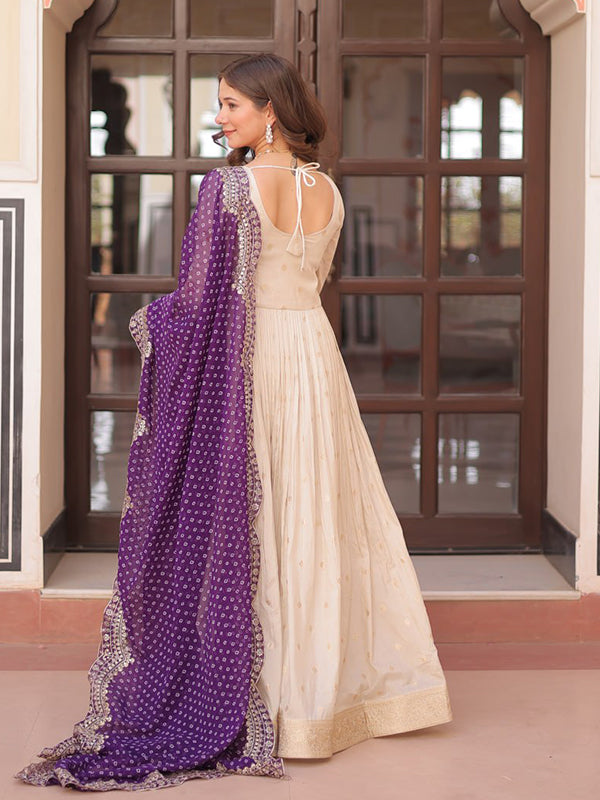 Off White Cosmos Weaving Jacquard Gown With Purple Dupatta